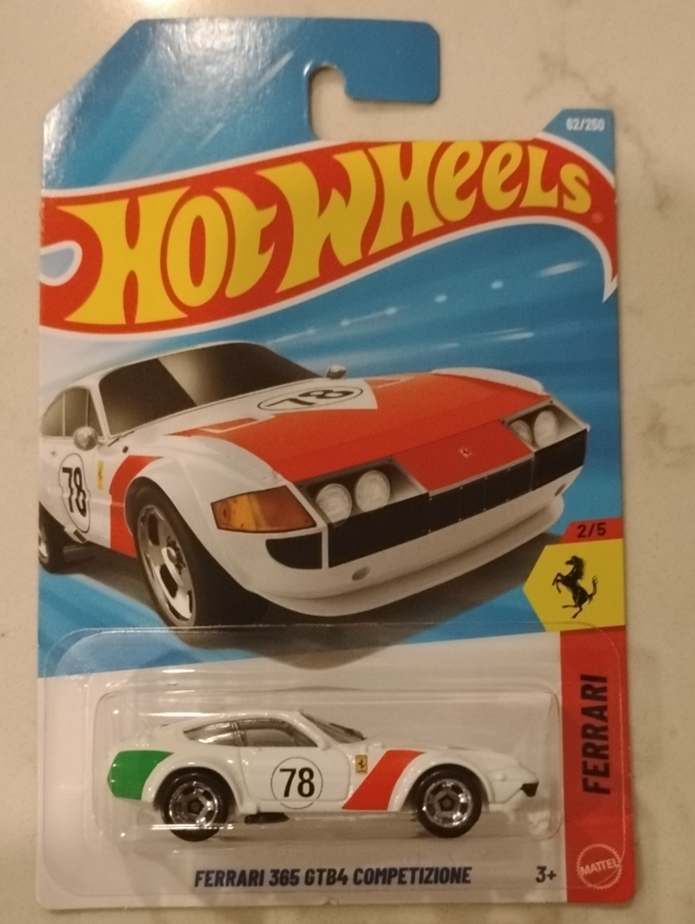 Mattel Hot Wheels Ferrari 365 GTB4 Competizione - White with Red & Green Accents